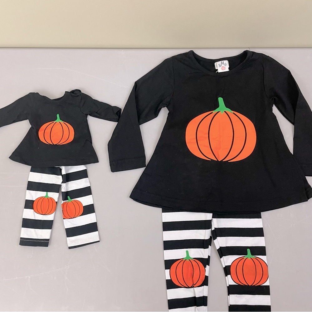NWT Mia Belle Girls Pumpkin Tunic & Legging Set and  Doll Clothes Set Sz. S